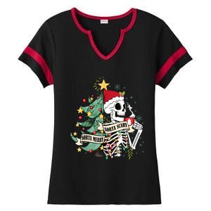 Funny Christmas Skeleton Sorta Merry Sorta Scary Feral Xmas Ladies Halftime Notch Neck Tee