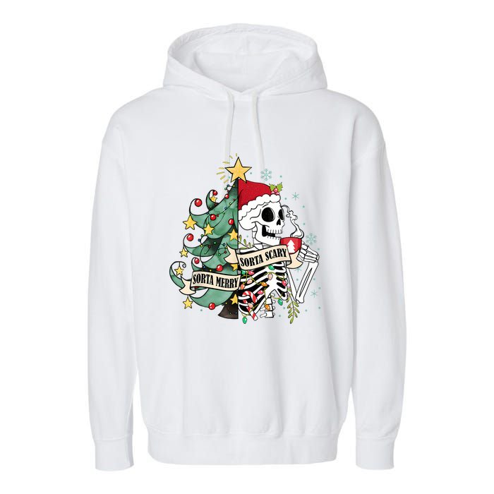 Funny Christmas Skeleton Sorta Merry Sorta Scary Feral Xmas Garment-Dyed Fleece Hoodie