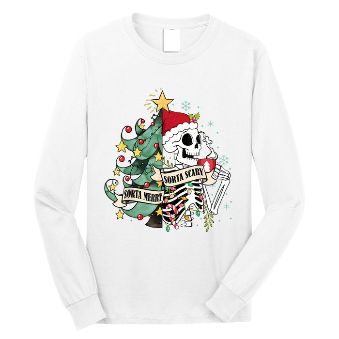 Funny Christmas Skeleton Sorta Merry Sorta Scary Feral Xmas Long Sleeve Shirt