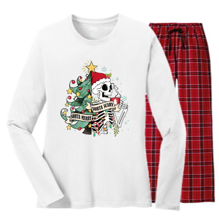 Funny Christmas Skeleton Sorta Merry Sorta Scary Feral Xmas Women's Long Sleeve Flannel Pajama Set 