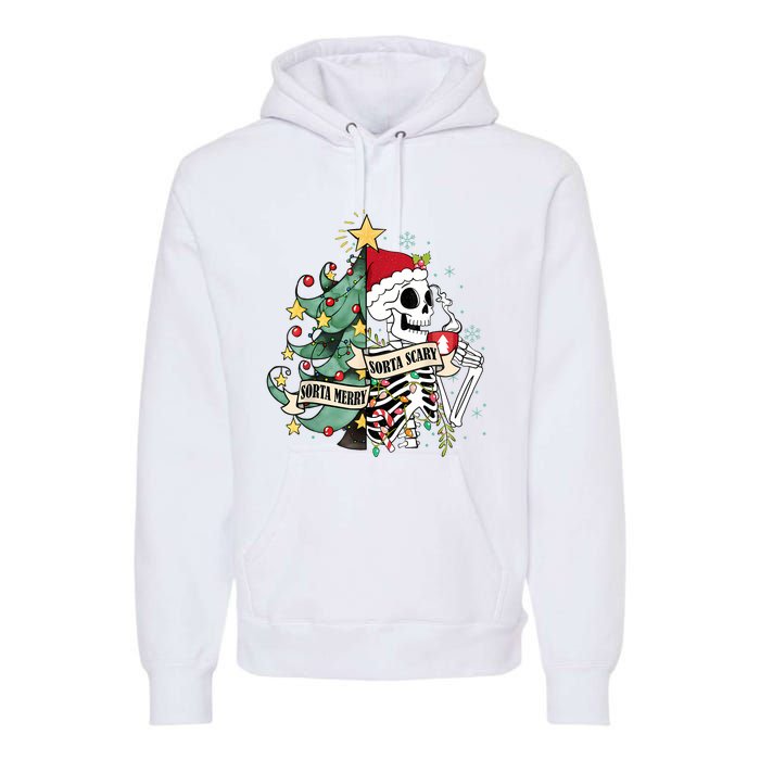 Funny Christmas Skeleton Sorta Merry Sorta Scary Feral Xmas Premium Hoodie