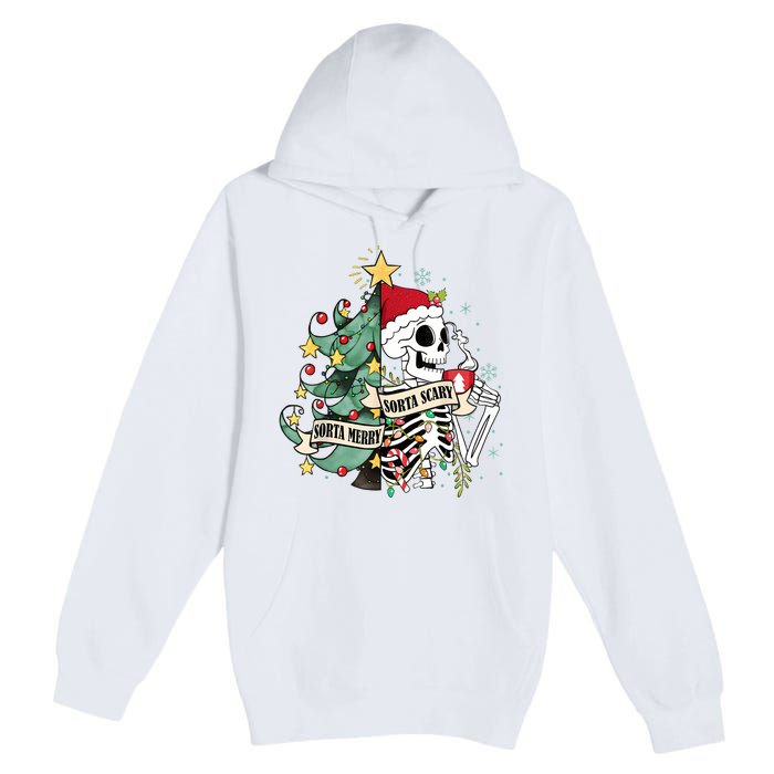 Funny Christmas Skeleton Sorta Merry Sorta Scary Feral Xmas Premium Pullover Hoodie