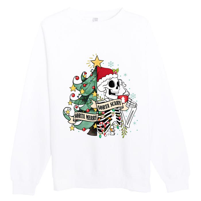 Funny Christmas Skeleton Sorta Merry Sorta Scary Feral Xmas Premium Crewneck Sweatshirt