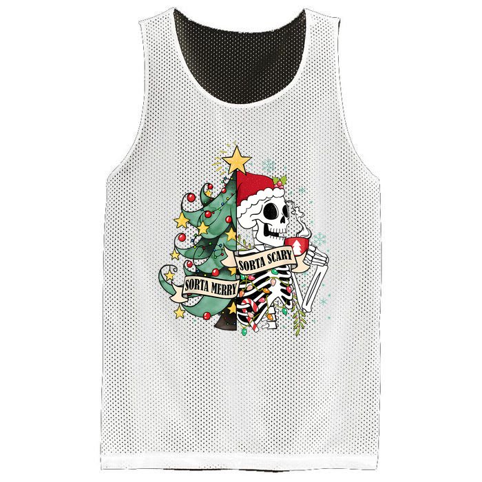 Funny Christmas Skeleton Sorta Merry Sorta Scary Feral Xmas Mesh Reversible Basketball Jersey Tank