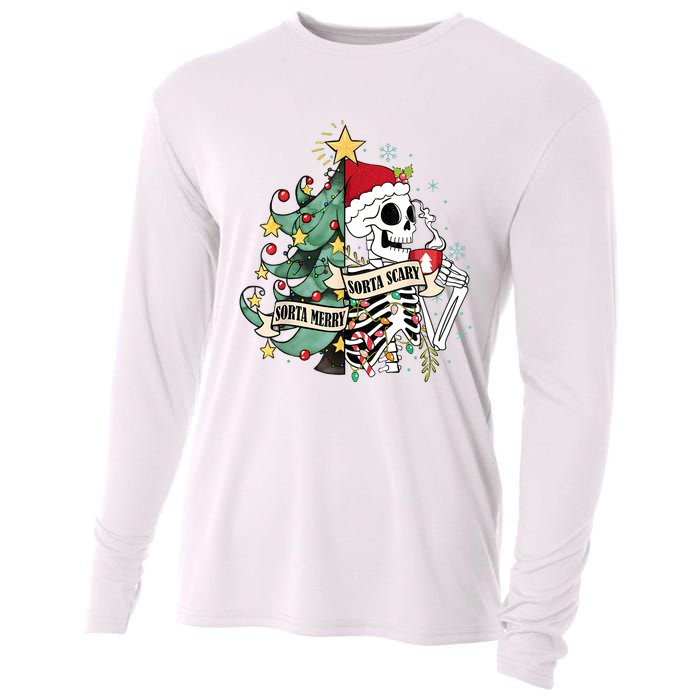 Funny Christmas Skeleton Sorta Merry Sorta Scary Feral Xmas Cooling Performance Long Sleeve Crew