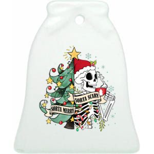 Funny Christmas Skeleton Sorta Merry Sorta Scary Feral Xmas Ceramic Bell Ornament