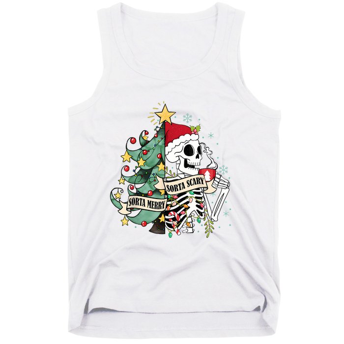 Funny Christmas Skeleton Sorta Merry Sorta Scary Feral Xmas Tank Top