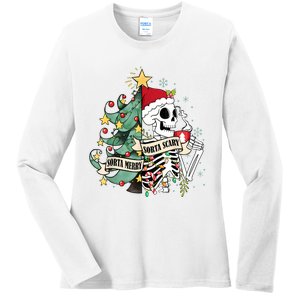 Funny Christmas Skeleton Sorta Merry Sorta Scary Feral Xmas Ladies Long Sleeve Shirt