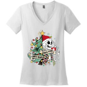 Funny Christmas Skeleton Sorta Merry Sorta Scary Feral Xmas Women's V-Neck T-Shirt