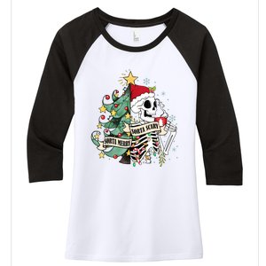 Funny Christmas Skeleton Sorta Merry Sorta Scary Feral Xmas Women's Tri-Blend 3/4-Sleeve Raglan Shirt