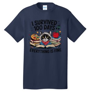 Funny Cat Survived 100 Days Of School Art Lover Gift Design Tall T-Shirt