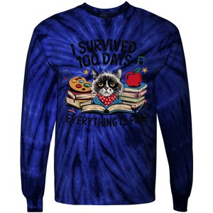 Funny Cat Survived 100 Days Of School Art Lover Gift Design Tie-Dye Long Sleeve Shirt