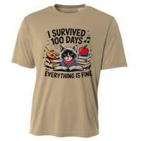 Funny Cat Survived 100 Days Of School Art Lover Gift Design Cooling Performance Crew T-Shirt