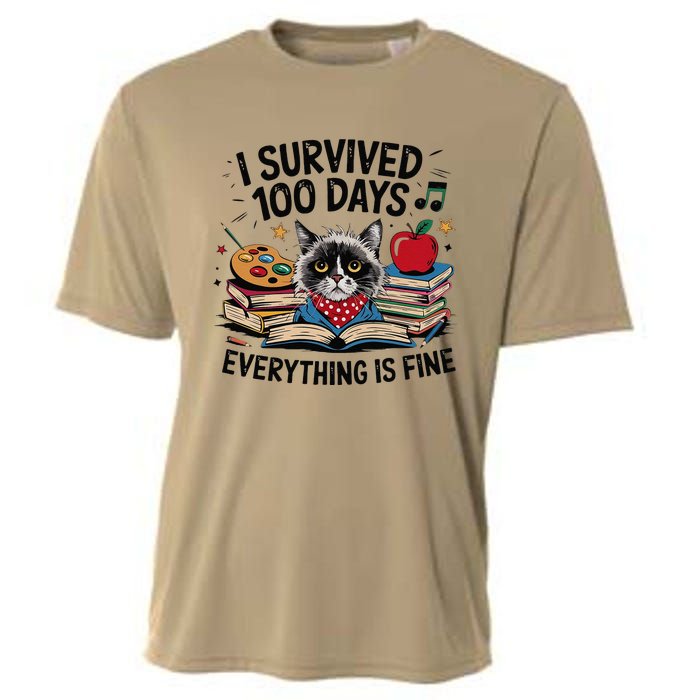 Funny Cat Survived 100 Days Of School Art Lover Gift Design Cooling Performance Crew T-Shirt