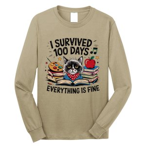 Funny Cat Survived 100 Days Of School Art Lover Gift Design Long Sleeve Shirt