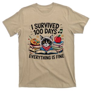 Funny Cat Survived 100 Days Of School Art Lover Gift Design T-Shirt