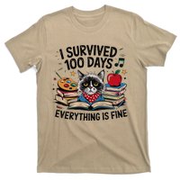 Funny Cat Survived 100 Days Of School Art Lover Gift Design T-Shirt