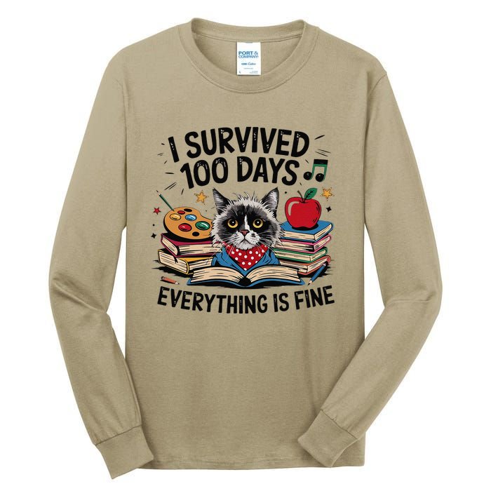 Funny Cat Survived 100 Days Of School Art Lover Gift Design Tall Long Sleeve T-Shirt