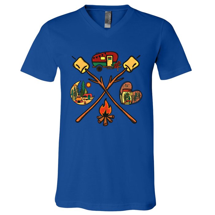 Funny Campfire Smores Sticks For Camping Mom Camper Family Funny Gift V-Neck T-Shirt