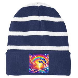 Funny Cute Symphony Dolphin Meme Striped Beanie with Solid Band