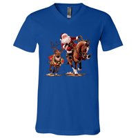 Funny Cow Santa Bulldogging Christmas Cow Western Xmas Gift V-Neck T-Shirt