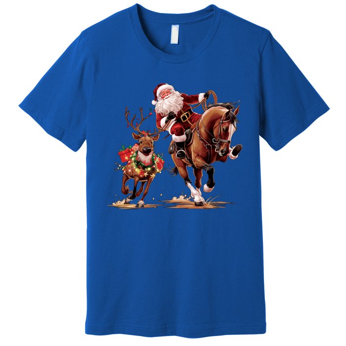 Funny Cow Santa Bulldogging Christmas Cow Western Xmas Gift Premium T-Shirt