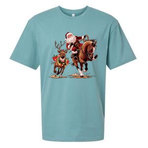 Funny Cow Santa Bulldogging Christmas Cow Western Xmas Gift Sueded Cloud Jersey T-Shirt