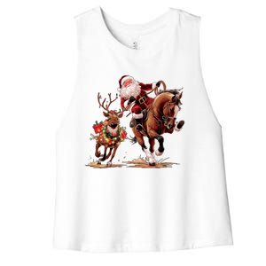 Funny Cow Santa Bulldogging Christmas Cow Western Xmas Gift Women's Racerback Cropped Tank