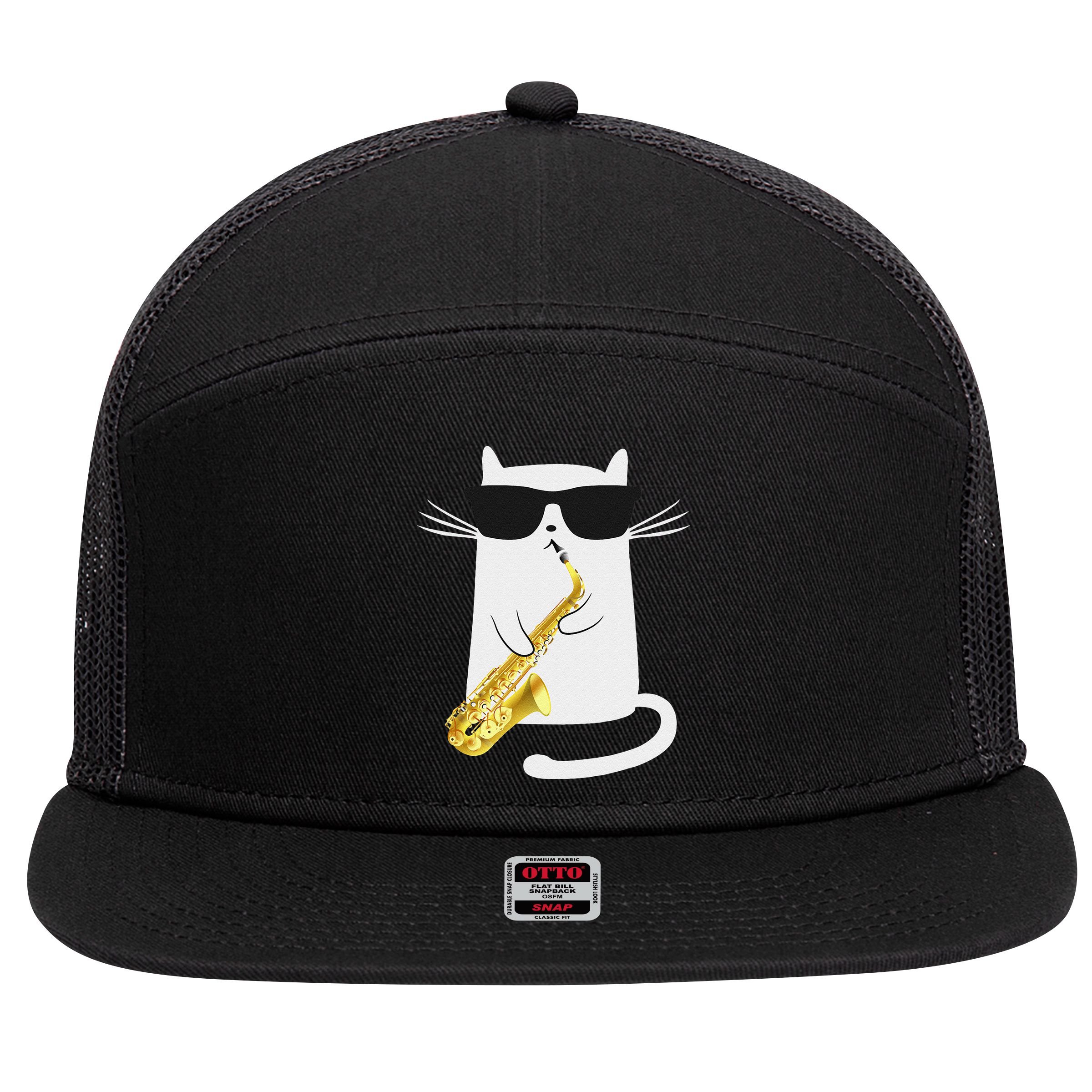 Funny Cat Saxophone Music Gift 7 Panel Mesh Trucker Snapback Hat