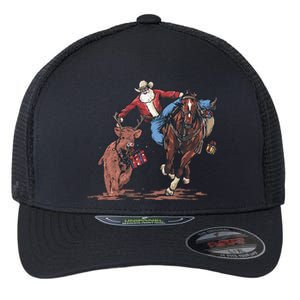 Funny Cowboy Santa Bulldogging Christmas Western Cowboy Xmas Gift Flexfit Unipanel Trucker Cap