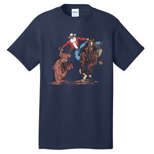 Funny Cowboy Santa Bulldogging Christmas Western Cowboy Xmas Gift Tall T-Shirt