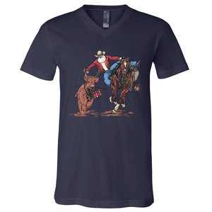 Funny Cowboy Santa Bulldogging Christmas Western Cowboy Xmas Gift V-Neck T-Shirt