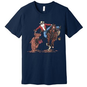 Funny Cowboy Santa Bulldogging Christmas Western Cowboy Xmas Gift Premium T-Shirt