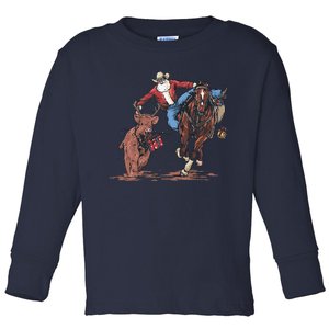 Funny Cowboy Santa Bulldogging Christmas Western Cowboy Xmas Gift Toddler Long Sleeve Shirt