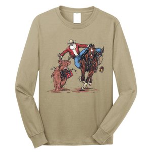 Funny Cowboy Santa Bulldogging Christmas Western Cowboy Xmas Gift Long Sleeve Shirt