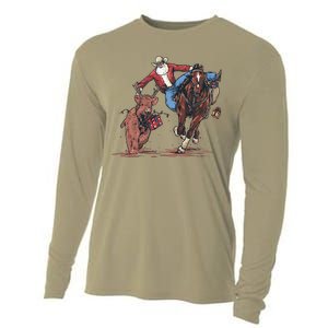 Funny Cowboy Santa Bulldogging Christmas Western Cowboy Xmas Gift Cooling Performance Long Sleeve Crew