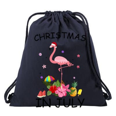 Flamingo Christmas Santa In July Drawstring Bag