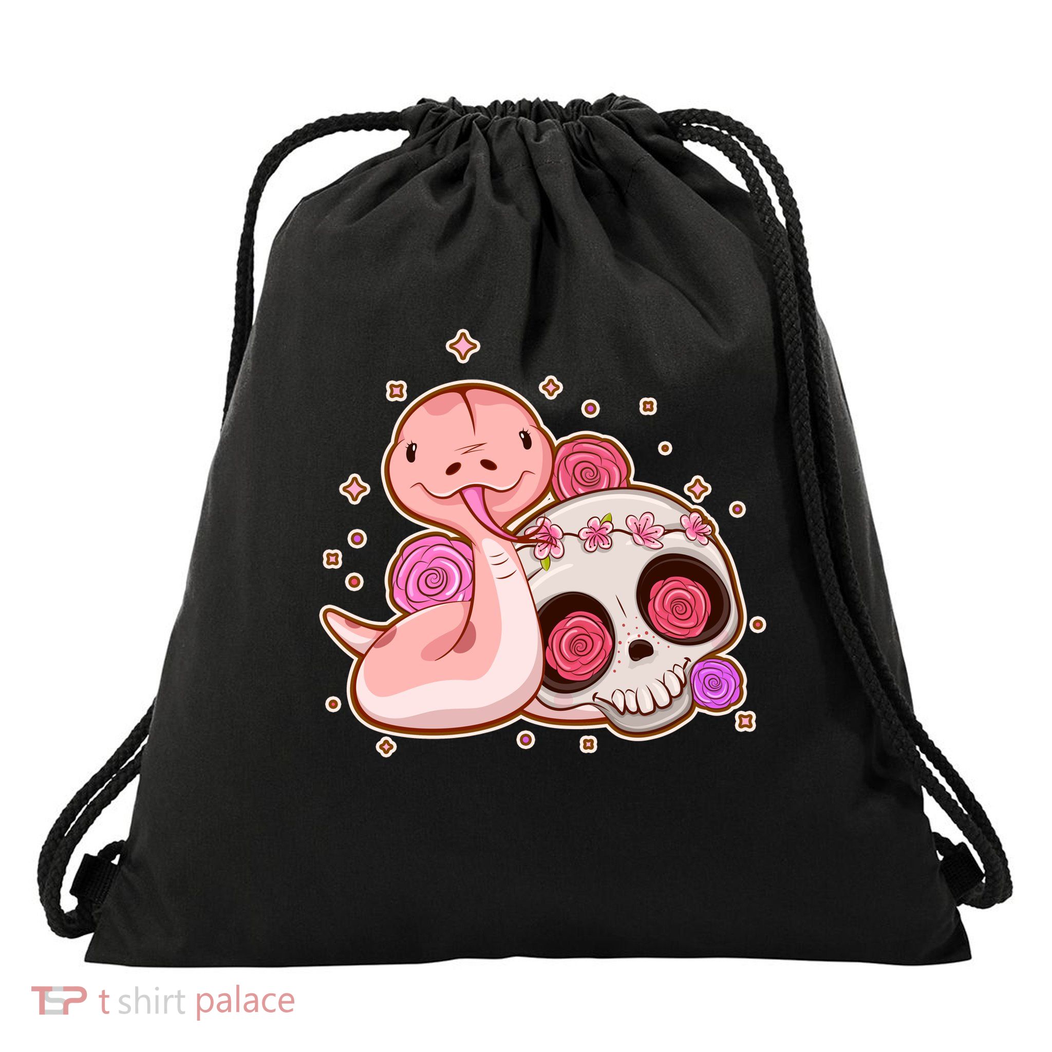 Funny Cute Snake and Flower Skull Drawstring Bag