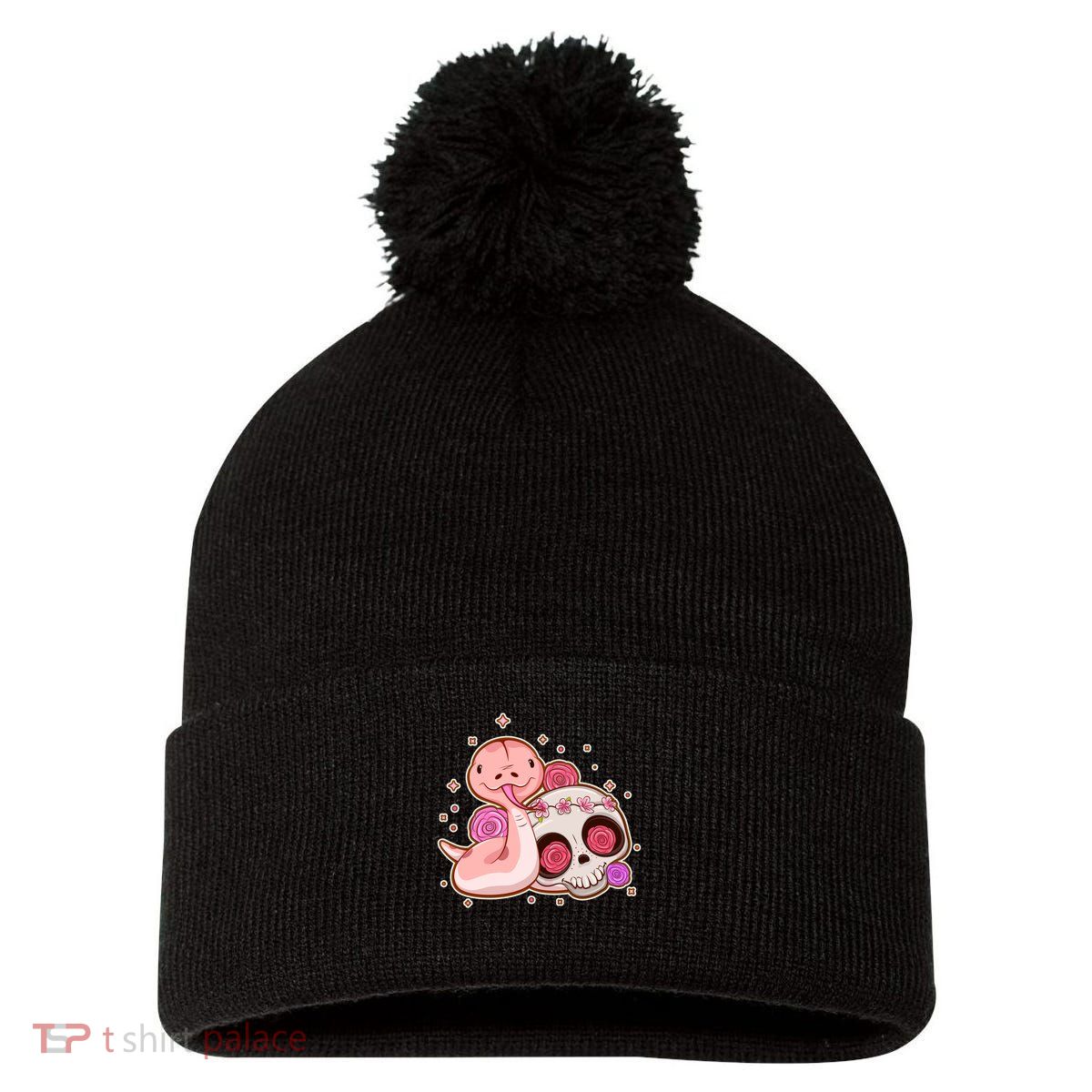 Funny Cute Snake and Flower Skull Pom Pom 12in Knit Beanie