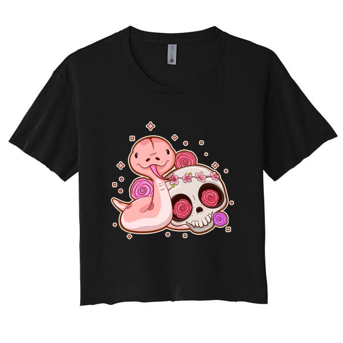 Funny Cute Snake and Flower Skull Women's Crop Top Tee