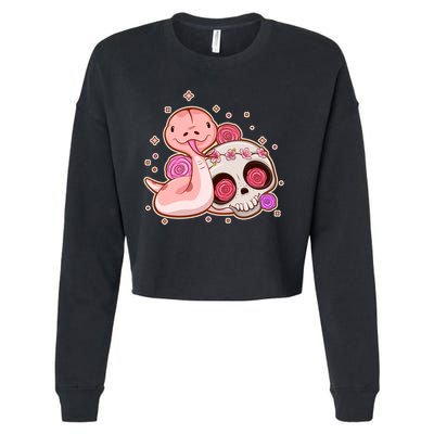 Funny Cute Snake and Flower Skull Cropped Pullover Crew