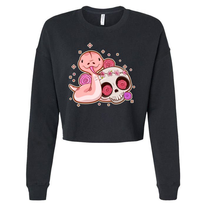 Funny Cute Snake and Flower Skull Cropped Pullover Crew