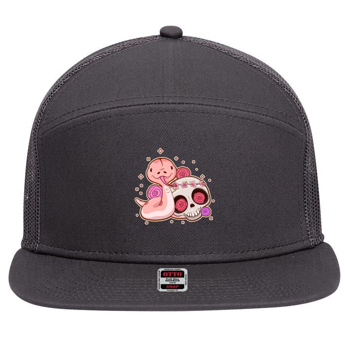 Funny Cute Snake and Flower Skull 7 Panel Mesh Trucker Snapback Hat