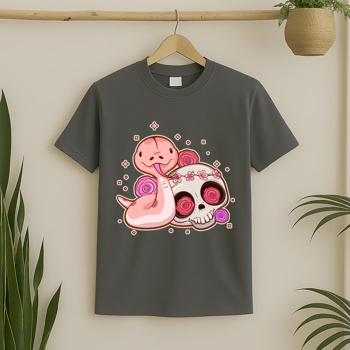 Funny Cute Snake and Flower Skull T-Shirt