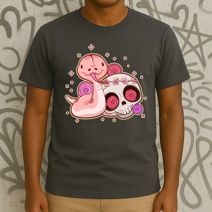 Funny Cute Snake and Flower Skull T-Shirt