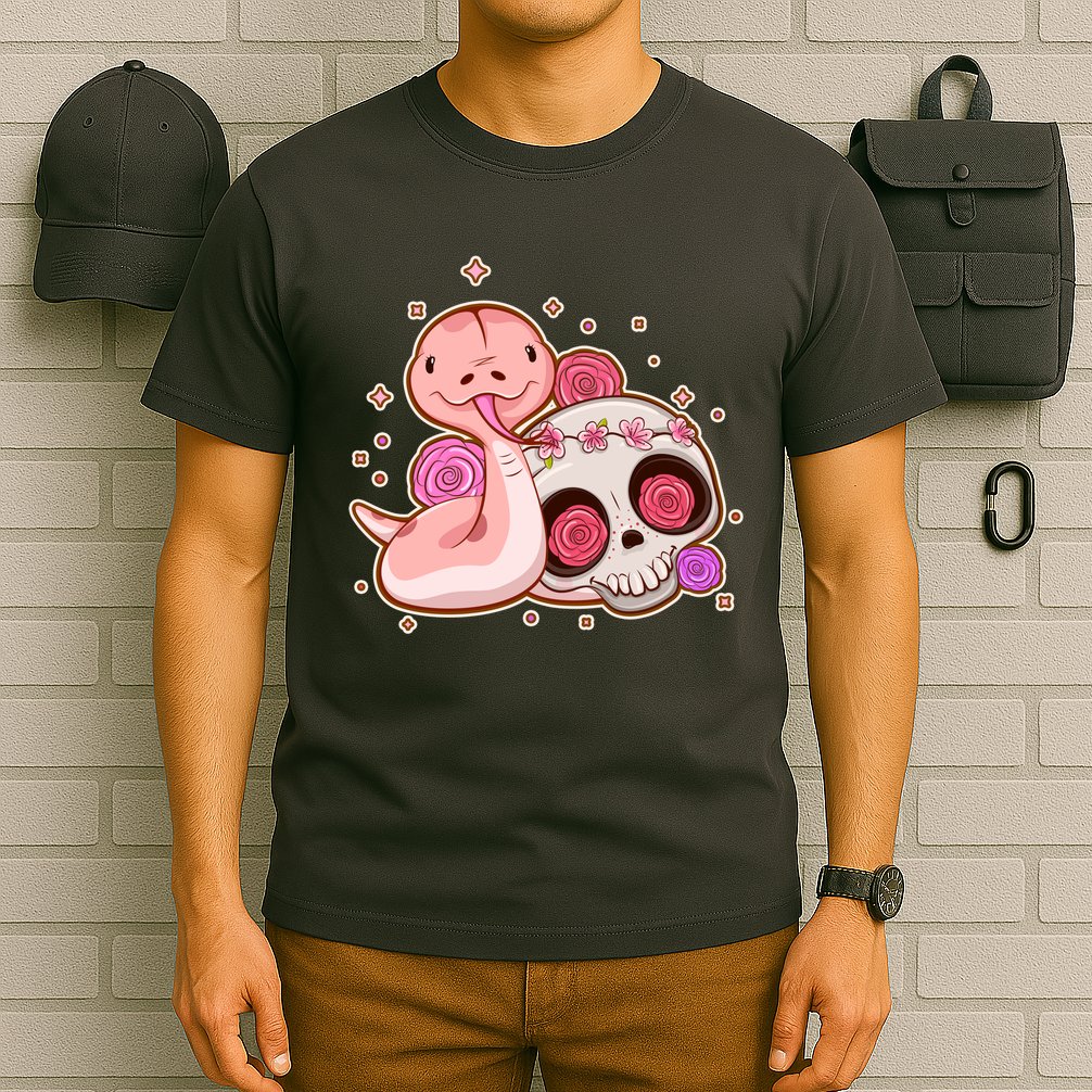 Funny Cute Snake and Flower Skull T-Shirt