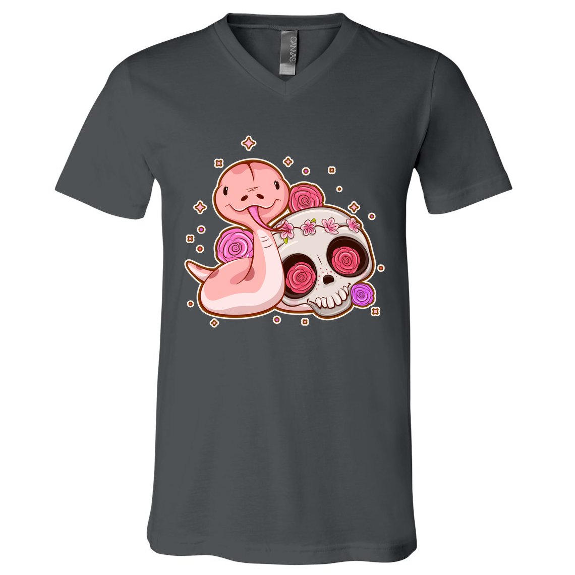 Funny Cute Snake and Flower Skull V-Neck T-Shirt