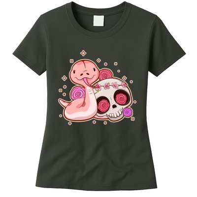 Funny Cute Snake and Flower Skull Womens T-Shirt