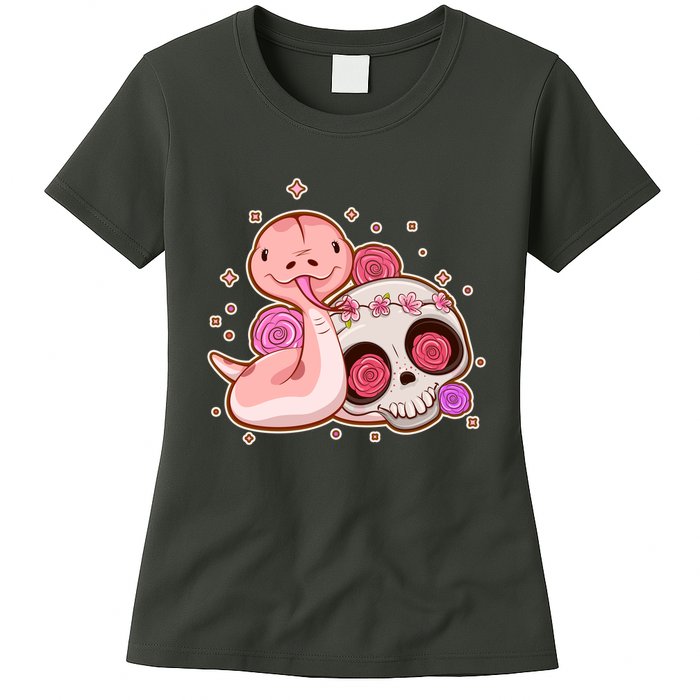 Funny Cute Snake and Flower Skull Womens T-Shirt