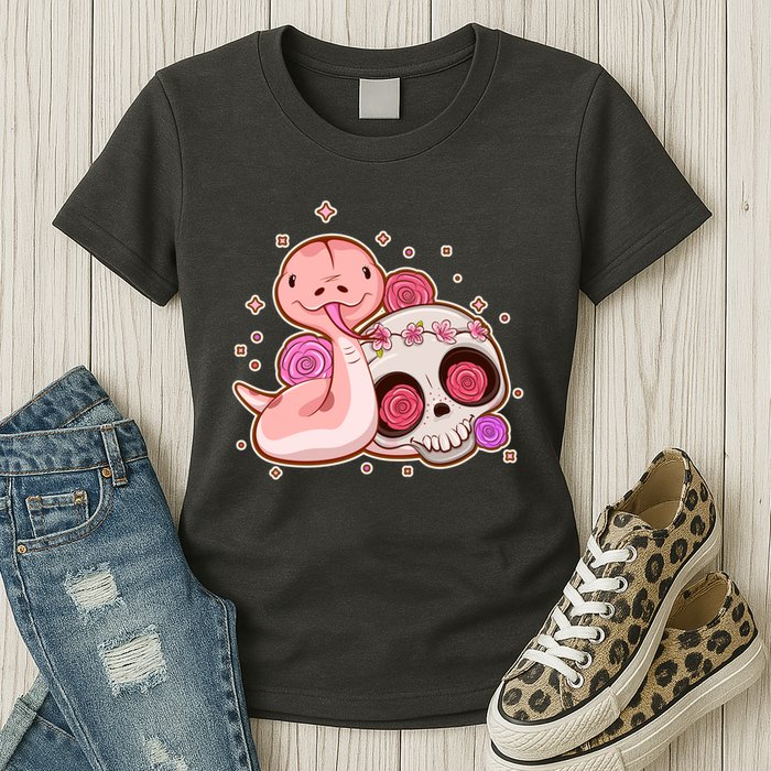 Funny Cute Snake and Flower Skull Womens T-Shirt